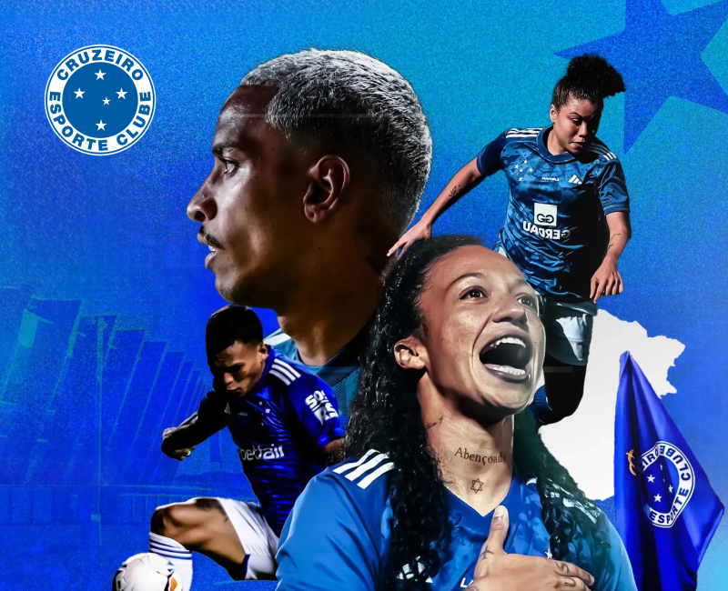 Composição azul do Cruzeiro com jogadores e jogadoras do clube, o escudo e uma bandeira.
